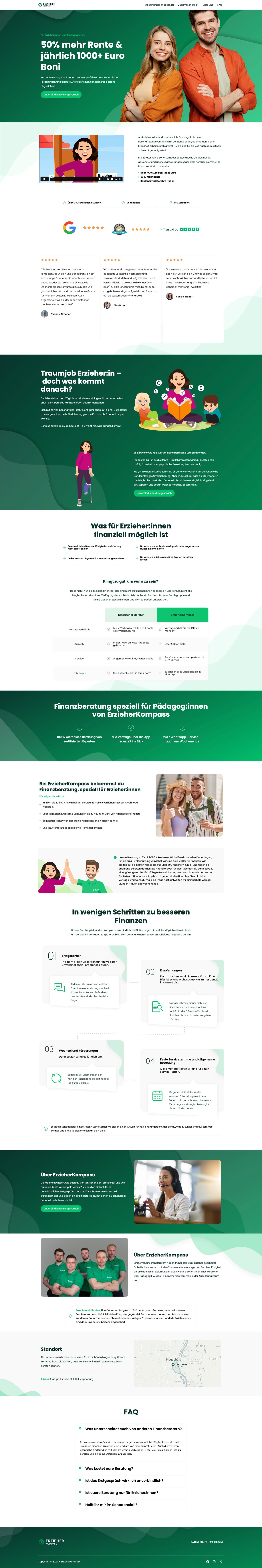 ErzieherKompass financial advisory landing page full-page design