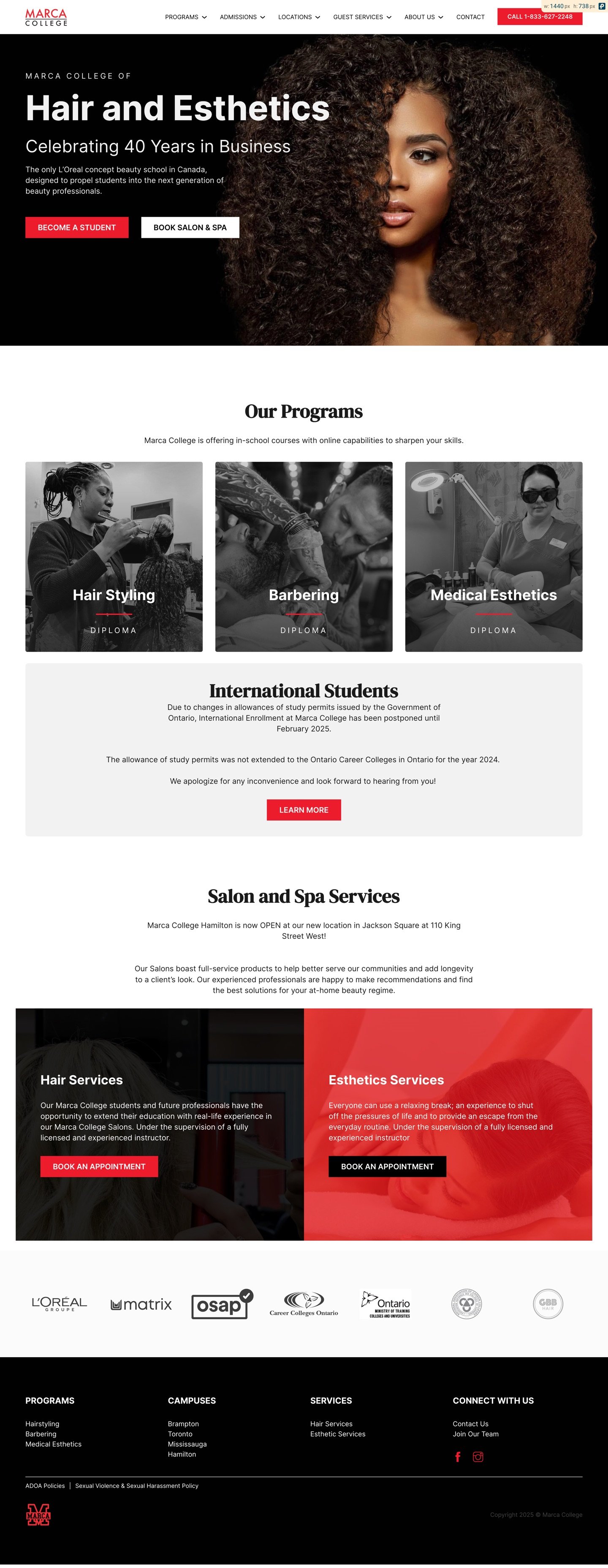 Marca College education website full-page design