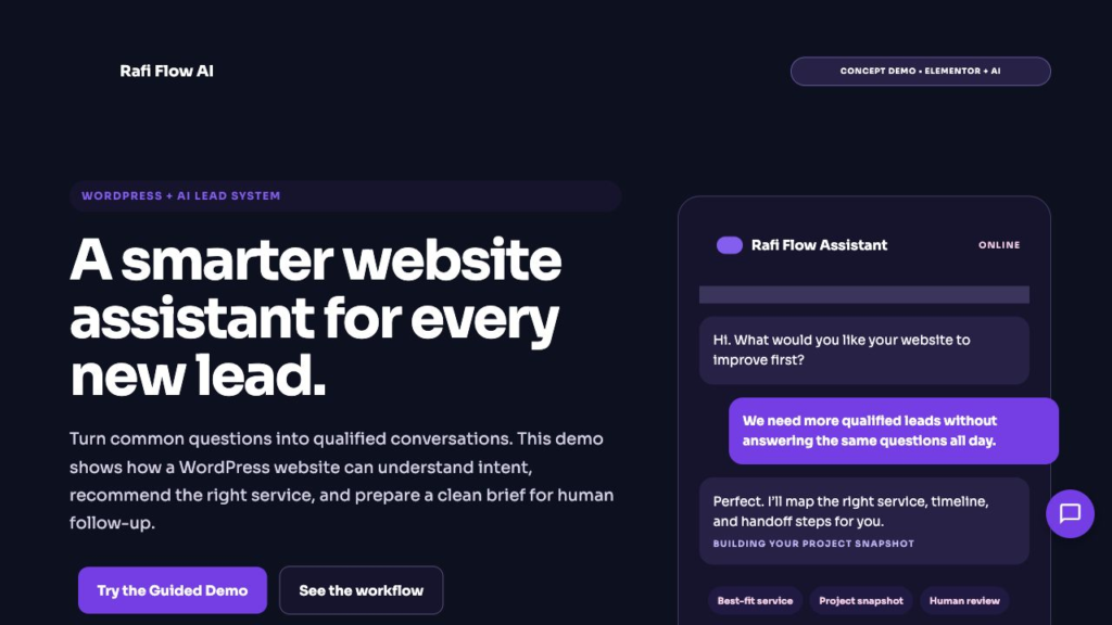 Rafi Flow AI WordPress AI lead assistant built with Elementor and Gemini