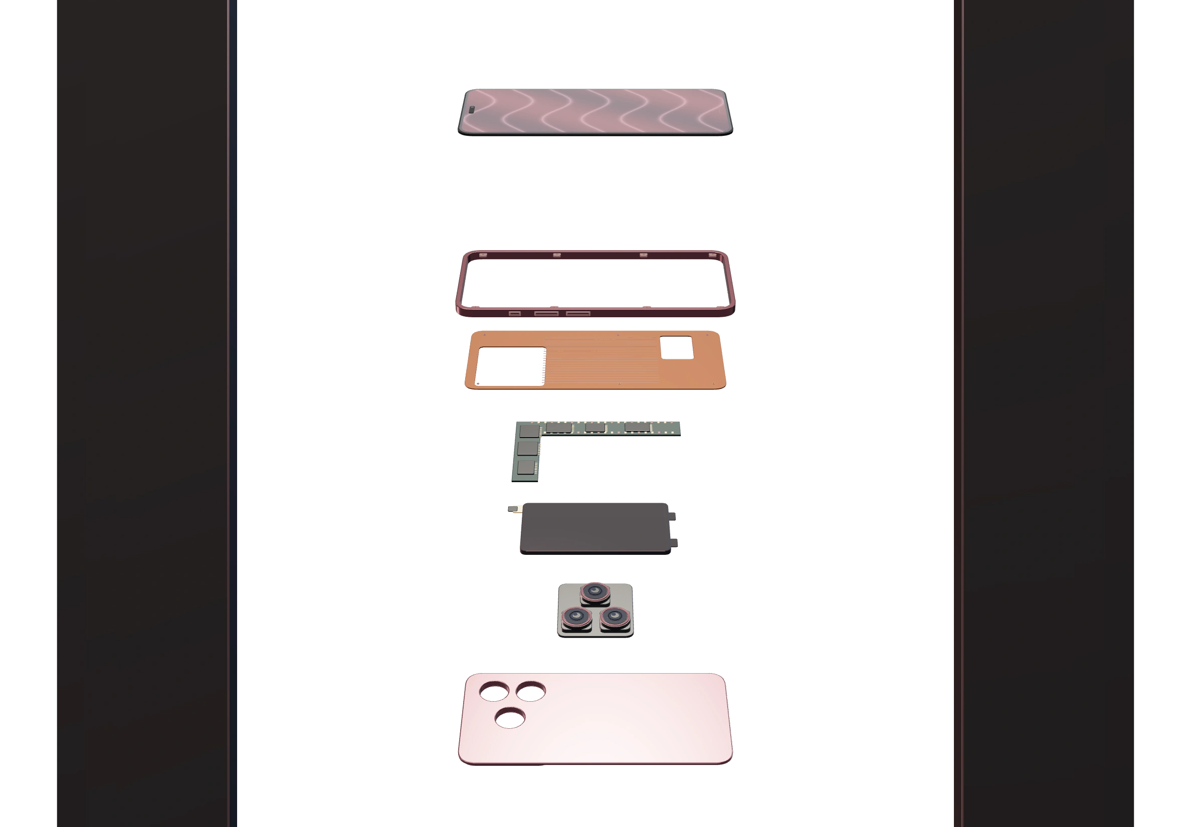 The full vertical exploded assembly: display, frame, shielding, logic board, battery, cameras and rear enclosure.