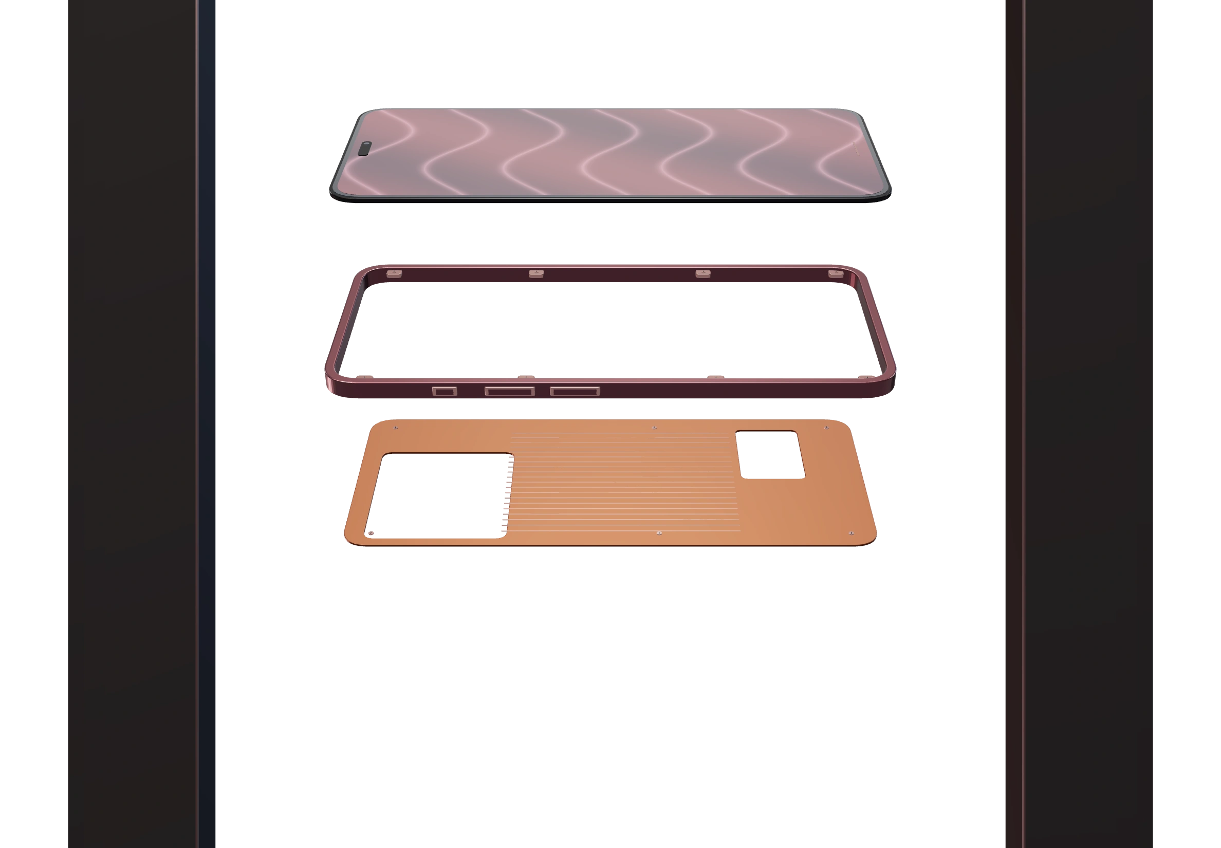 Illustrative contoured copper shielding with access openings.
